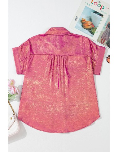 Rosé Rood Metallic Sheen Korte Mouwen Overhemd – Stijlvol
