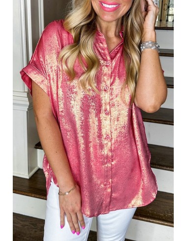 Rose Red Metallic Sheen Short Sleeve Casual Shirt – Stylish