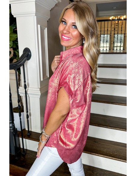 Rose Red Metallic Sheen Short Sleeve Casual Shirt – Stylish