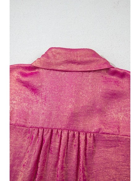 Rosé Rood Metallic Sheen Korte Mouwen Overhemd – Stijlvol