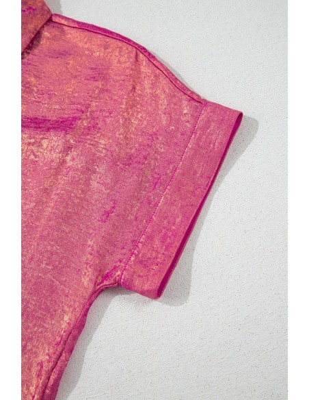 Chemise Casual à Manches Courtes Rose Rouge Métallique – Élégante