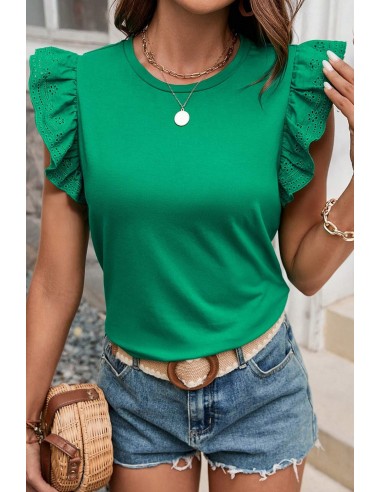 Dark Green Embroidered Flutter Sleeve Top – Elegant & Chic