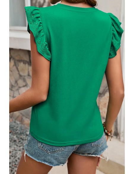 Top mit Volantärmeln und Stickerei in Dunkelgrün – Elegant & Chic