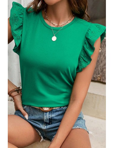 Dark Green Embroidered Flutter Sleeve Top – Elegant & Chic