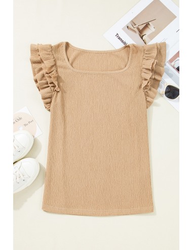 Top met Korte Mouwen, Gelaagde Ruches en Vierkante Halslijn in Beige