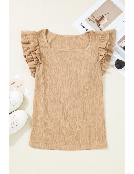 Top met Korte Mouwen, Gelaagde Ruches en Vierkante Halslijn in Beige