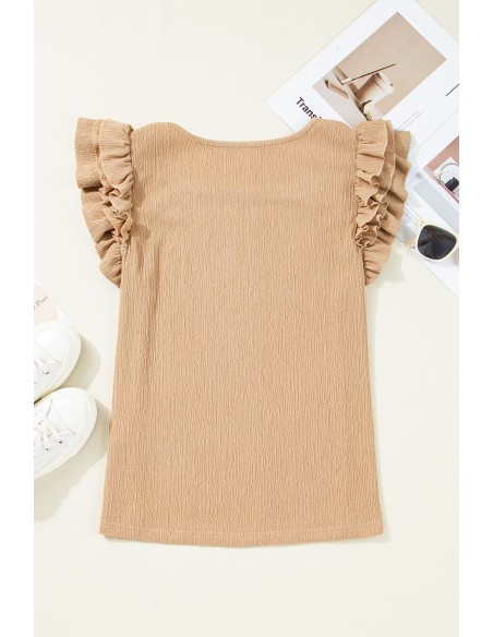 Top mit Kurzärmeln, Rüschenschichten und Quadrat-Ausschnitt in Beige