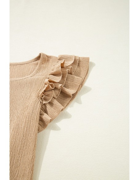 Top mit Kurzärmeln, Rüschenschichten und Quadrat-Ausschnitt in Beige