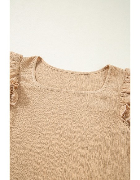 Top mit Kurzärmeln, Rüschenschichten und Quadrat-Ausschnitt in Beige