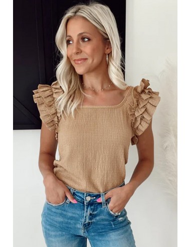 Top à Manches Courtes avec Empiècements Volants et Col Carré beige