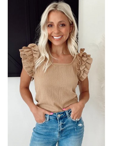 Short Sleeve Top with Ruffled Layered Sleeves and Square Neck in Beige