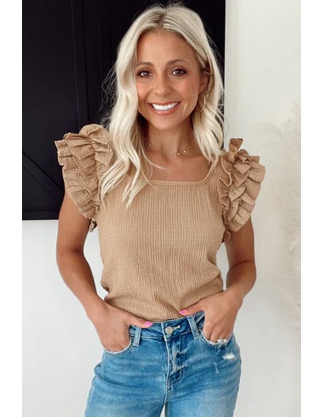 Top met Korte Mouwen, Gelaagde Ruches en Vierkante Halslijn in Beige