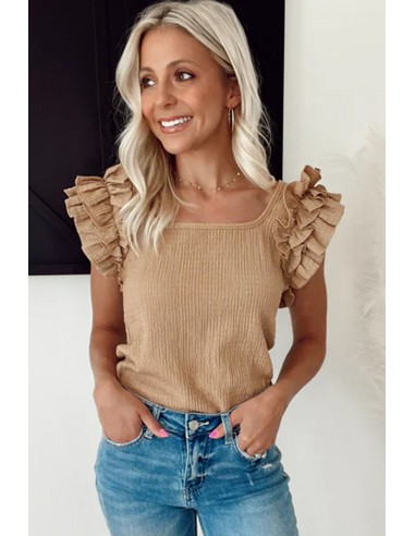 Top à Manches Courtes avec Empiècements Volants et Col Carré beige
