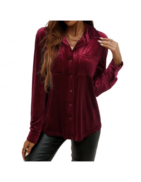 Red Velvet Button Shirt with Pockets – Elegant and Comfortable