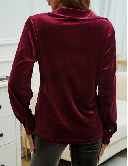 Red Velvet Button Shirt with Pockets – Elegant and Comfortable