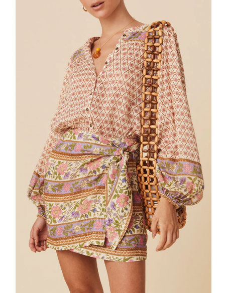 Chemise Bohème Multicolore à Imprimé Floral et Manches Bouffantes