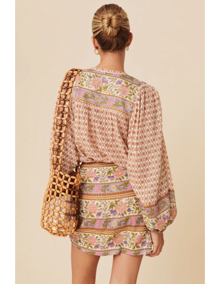 Buntes Boho-Blumenmuster Hemd mit Puffärmeln