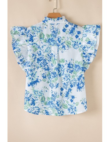 Hemelsblauw Bloemenprint Overhemd met Volantsmouwen – Chic en Elegant