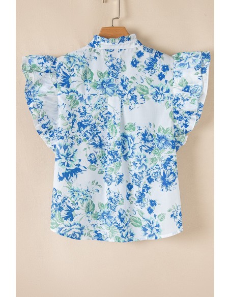 Hemelsblauw Bloemenprint Overhemd met Volantsmouwen – Chic en Elegant