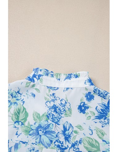 Hemelsblauw Bloemenprint Overhemd met Volantsmouwen – Chic en Elegant