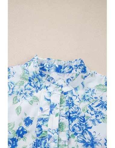Hemelsblauw Bloemenprint Overhemd met Volantsmouwen – Chic en Elegant