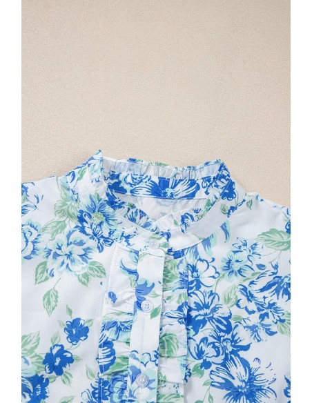 Hemelsblauw Bloemenprint Overhemd met Volantsmouwen – Chic en Elegant