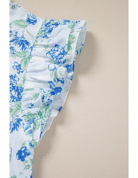 Hemelsblauw Bloemenprint Overhemd met Volantsmouwen – Chic en Elegant