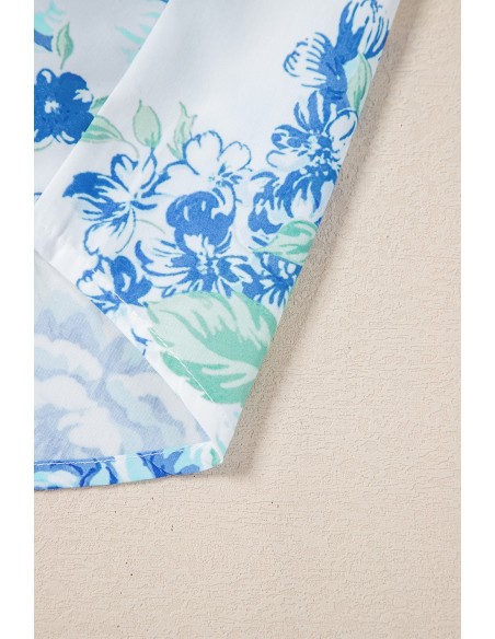 Hemelsblauw Bloemenprint Overhemd met Volantsmouwen – Chic en Elegant