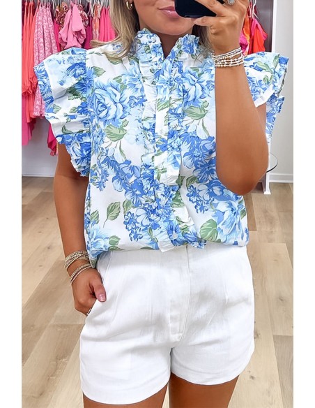 Hemelsblauw Bloemenprint Overhemd met Volantsmouwen – Chic en Elegant