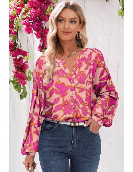 Lockere Bluse mit Fledermausärmeln – Blumenmuster Fuchsia