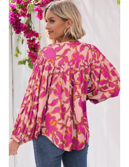 Lockere Bluse mit Fledermausärmeln – Blumenmuster Fuchsia