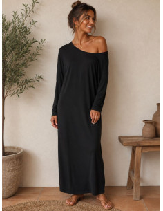 Robe longue noire asymétrique pour femme – Coupe droite et fluide