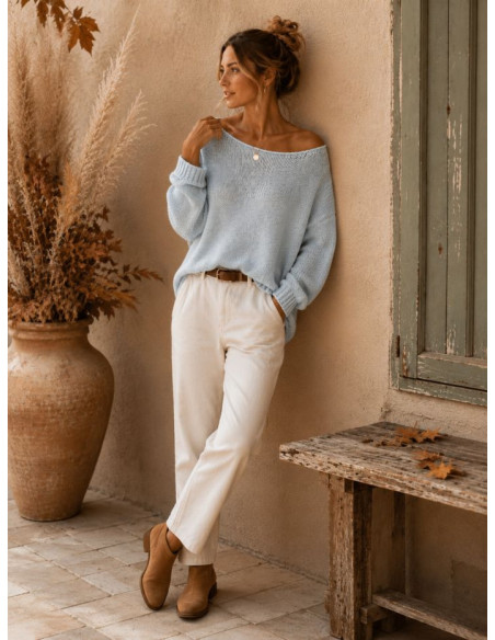 Pull femme bohème chic – Mohair & viscose – Bleu ciel