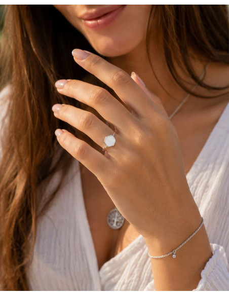 Hexagonale Parelmoer Ring Dames 925 Zilver – Handgemaakt