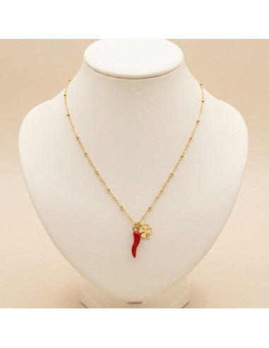 Collier Femme Piment Rouge & Trèfle Porte-Bonheur Doré
