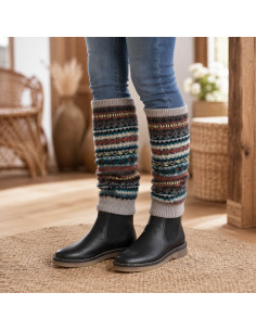 Lange Damen-Beinstulpen in Türkis und Beige – Wollmischung – Boho-Stil