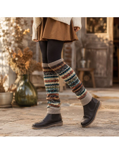 Lange Damen-Beinstulpen in Türkis und Beige – Wollmischung – Boho-Stil