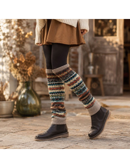 Women’s Long Turquoise and Beige Leg Warmers – Wool Blend – Boho Style