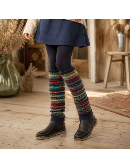 Lange dames beenwarmers donkerblauw met patchwork – Wolmix – Boho stijl