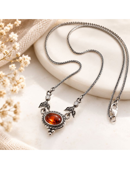 Collier femme en argent 925 avec ambre – Pendentif vintage