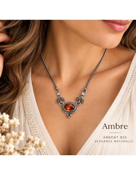 Collier femme en argent 925 avec ambre – Pendentif vintage