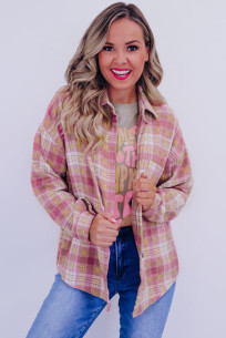 Women’s Pink Plaid Long-Sleeve Shacket with Chest Pocket