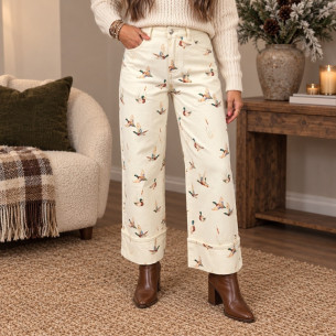 Beige Women’s Duck-Print Jeans – Wide-Leg Fit with Turn-Up Cuffs