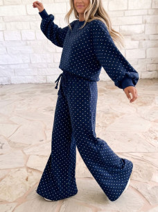 Ensemble femme bleu à pois – Haut manches longues et pantalon large