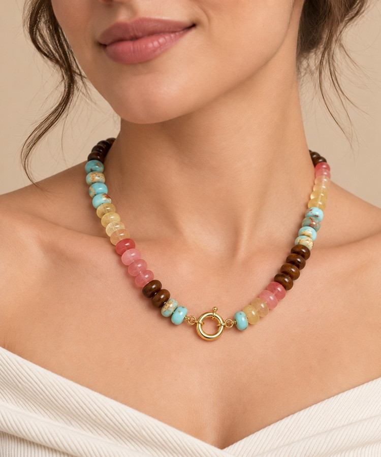 Collier femme pierres naturelles plaqué or 18 carats