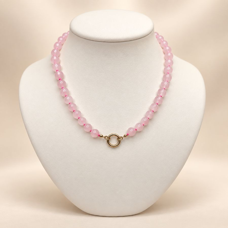 Collier femme en pierres naturelles quartz rose et plaqué or 18 carats