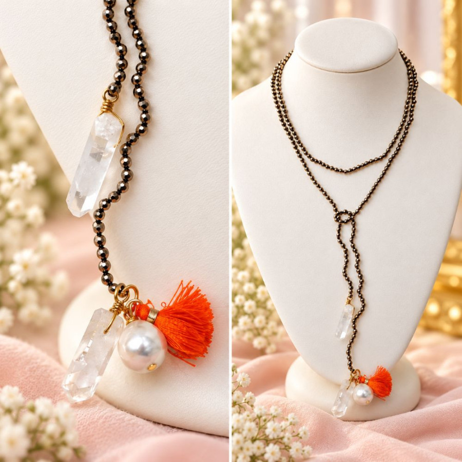 Kette aus Hämatit, Perlmutt & Bergkristall – handgemacht