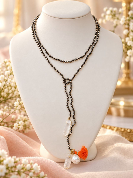 Collier hématite, nacre & cristal de roche fait main