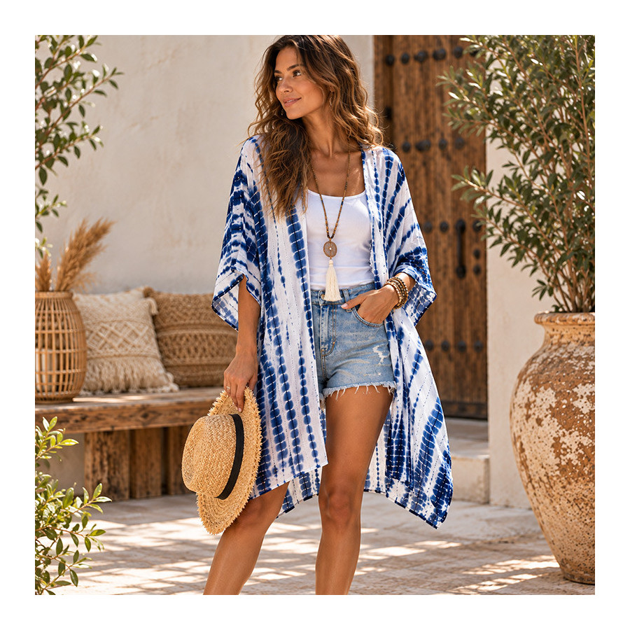 Kimono boho blanc motif indigo