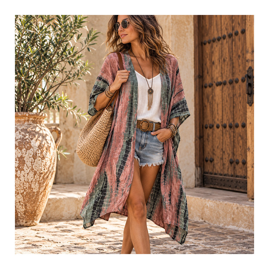 Kimono met rode riem en zwarte motieven